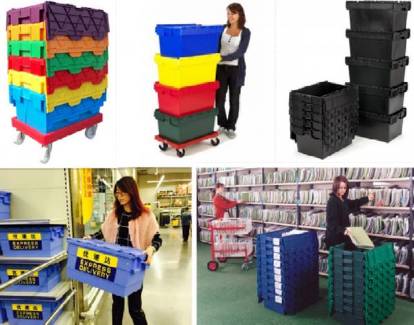 Usage of Plastic Stackable Box 120L Stackable HDPE Plastic Moving Box with Hinged Lid